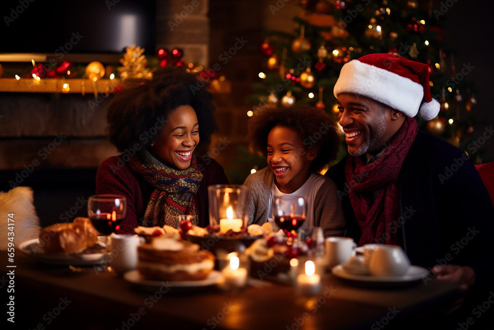 Happy, smiling family having a Christmas dinner. Generative Ai