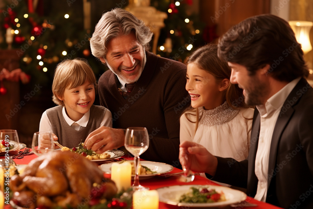 Happy, smiling family having a Christmas dinner. Generative Ai