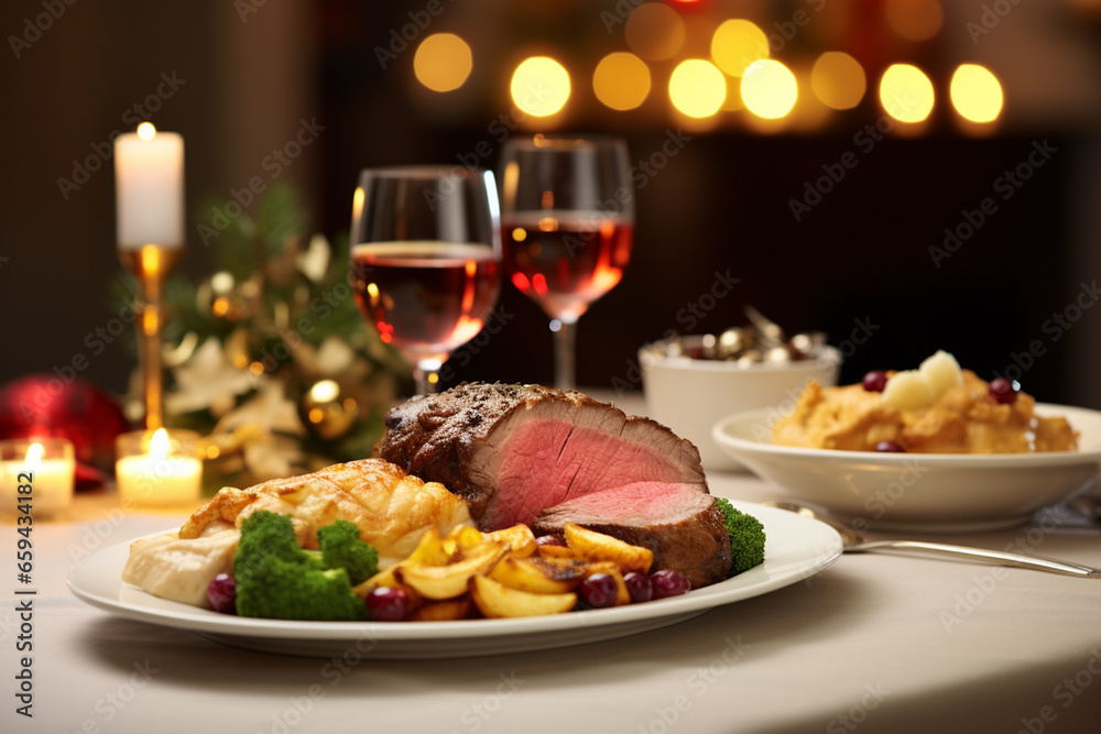 Elegant Christmas dinner table with delicious food. Generative Ai Elegant Christmas dinner table with delicious food. Generative Ai