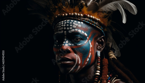 Indigenous beauty in traditional headdress and face paint generated by AI