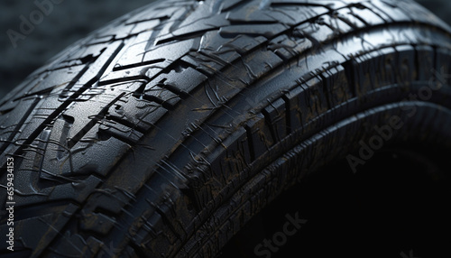 Dirty alloy wheel on wet road creates slippery driving conditions generated by AI