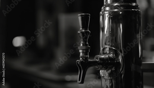Shiny stainless steel faucet pours fresh beer in monochrome brewery generated by AI