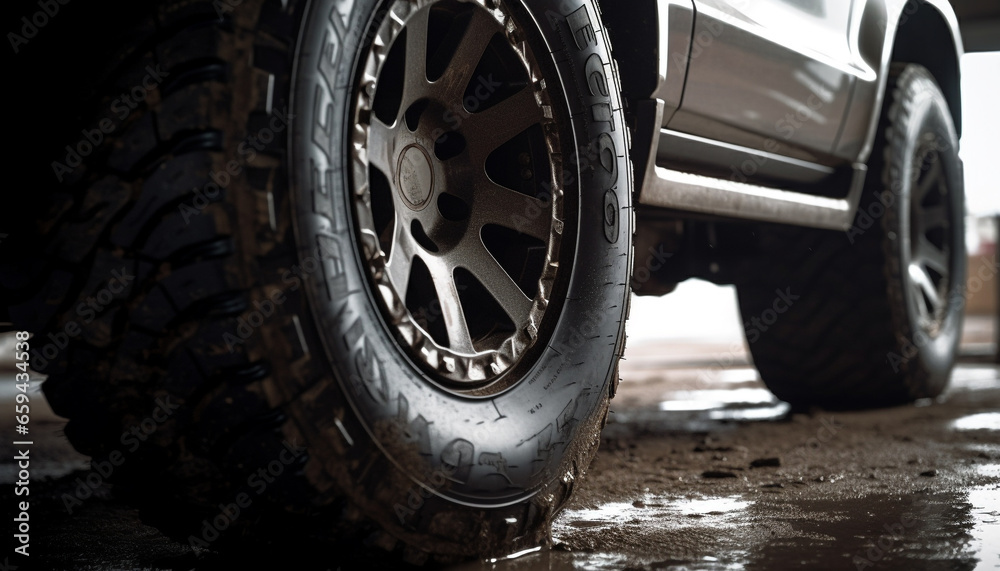 Chrome alloy wheels spin through muddy terrain in extreme competition generated by AI Chrome alloy wheels spin through muddy terrain in extreme competition generated by AI
