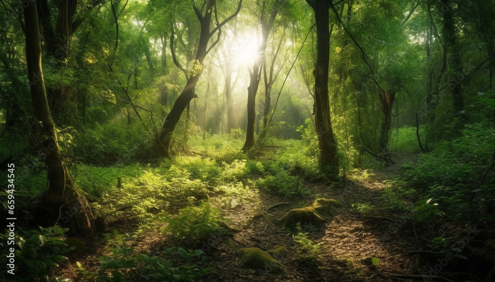 Tranquil forest path, mystery in the air generated by AI Tranquil forest path, mystery in the air generated by AI