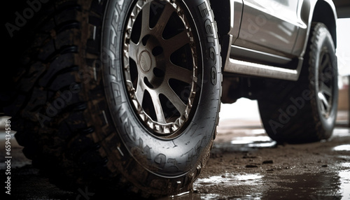 Chrome alloy wheels spin through muddy terrain in extreme competition generated by AI