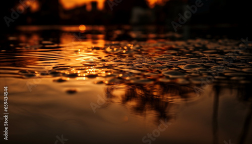Tranquil sunset reflects vibrant nature in shimmering water surface generated by AI