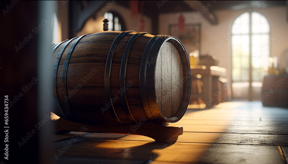 Old fashioned winery stores liquid in old barrel kegs indoors generated by AI