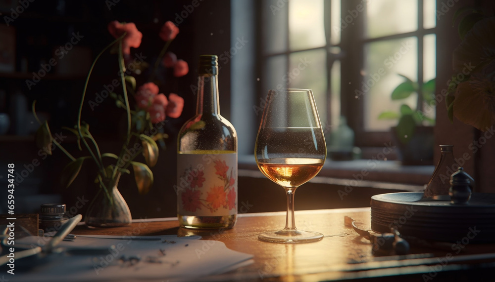 Indoor celebration of luxury wine and whiskey in rustic bar generated by AI Indoor celebration of luxury wine and whiskey in rustic bar generated by AI