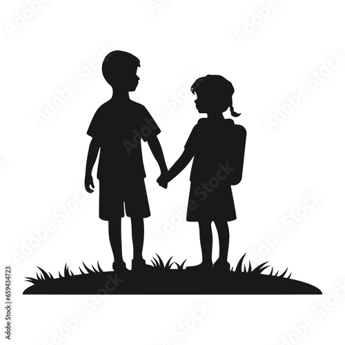 A girl and a boy are holding hands. Silhouette with children in nature. Used for print, web design, stickers, banners, posters. Holidays, events, stories. World Children's Day.
