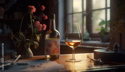 Indoor celebration of luxury wine and whiskey in rustic bar generated by AI