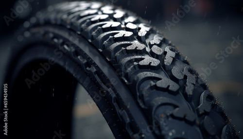 Dirty tire tracks reflect the wet winter weather on icy roads generated by AI