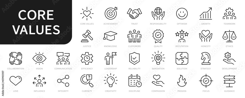 © OpenDesigner - Core values line icons. core values, innovation, quality, responsibility, teamwork, reliability, focus, honesty icon. Vector
