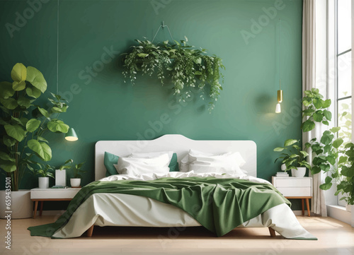 Bedroom with furniture and window. Wardrobe with clothes and mirror. Flat style vector