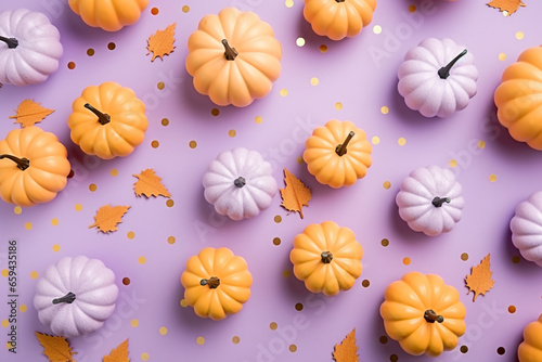 small pastel color pumpkins pattern with paper confetti on a pastel background  flat lay