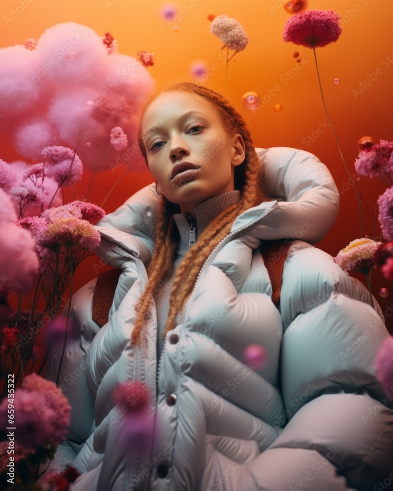 A burst of autumn hues explodes from the puffy jacket of a woman, as she stands amidst a colorful bubble of flowers, capturing the whimsical essence of the winter season indoors