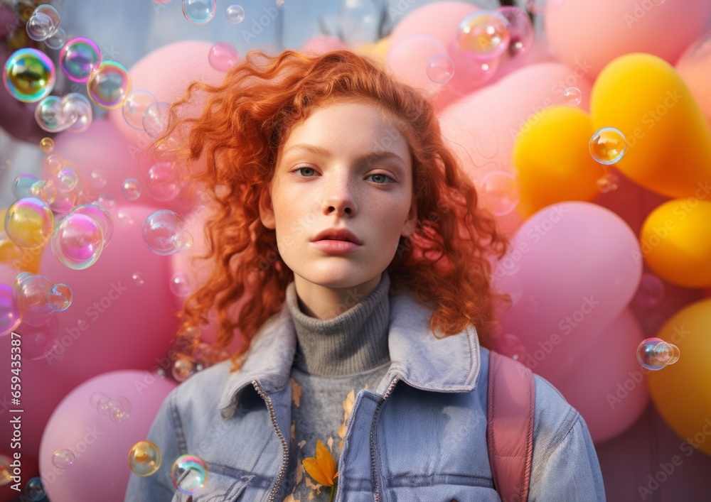 A fiery-haired young girl stands adorned in vibrant clothing, her hands filled with a whimsical bunch of colorful balloons, symbolizing the untamed joy and free-spiritedness that radiates from within