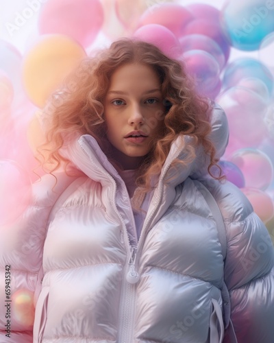 A burst of vibrant color in the form of a puffy pink coat, enveloping a woman amidst a sea of autumn leaves, like a bubble of fashion and warmth exploding into the crisp winter air photo