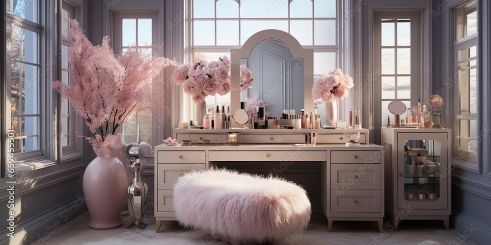 A Glamorous dressing room for a fashionista with a vanity table, glass window, feminine and luxurious space, Designer Delights A Glamorous dressing room for a fashionista with a vanity table, glass window, feminine and luxurious space, Designer Delights