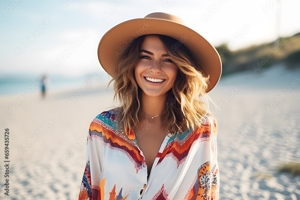 Portrait of stylish latin woman at beach on vacation.