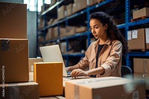 Warehouse worker packing cardboard box in distribution center. Female logistics employee preparing order for shipment.