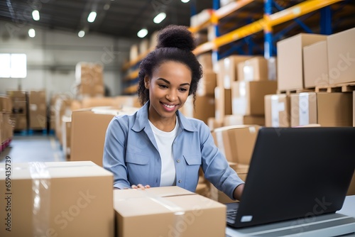 Warehouse worker packing cardboard box in distribution center. Female logistics employee preparing order for shipment.