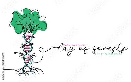 Continuous line art vector of international day of forests that is observed every year on 21 march.