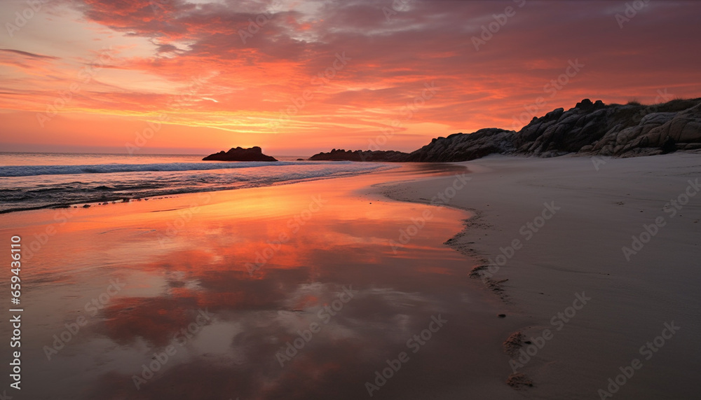Tranquil sunset over tropical coastline, reflecting multi colored beauty in nature generated by AI