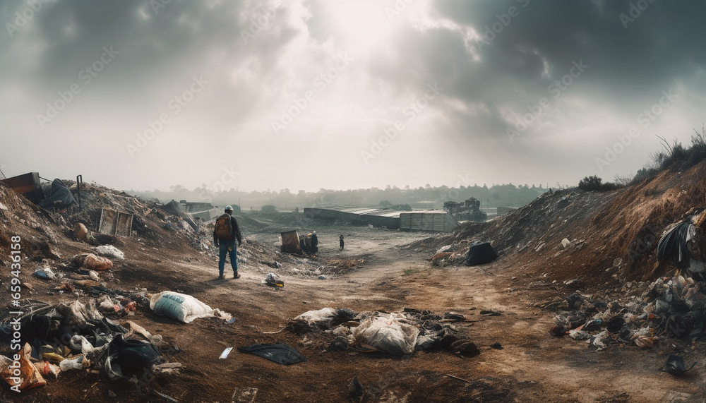 Men working outdoors in a rural scene, surrounded by pollution generated by AI