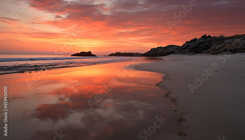 Tranquil sunset over tropical coastline  reflecting multi colored beauty in nature generated by AI