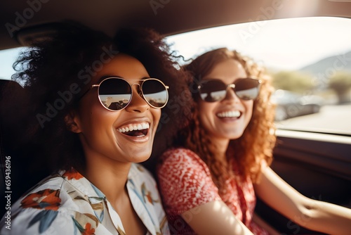 Happy women riding automobile enjoying summer vacation road trip with friend.