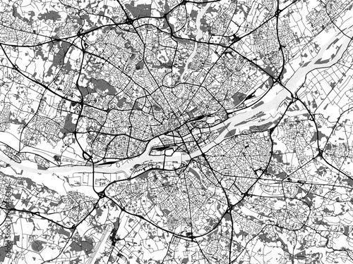 Greyscale vector city map of Nantes in France with with water, fields and parks, and roads on a white background.
