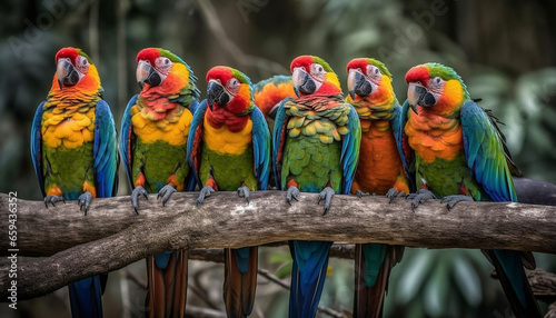 Vibrant macaw perched on branch, showcasing natural beauty outdoors generated by AI © Stockgiu