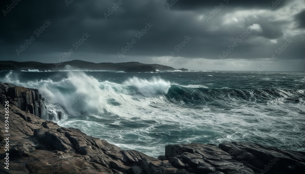 Rough seas break against dramatic cliff, dark storm clouds gather generated by AI Rough seas break against dramatic cliff, dark storm clouds gather generated by AI