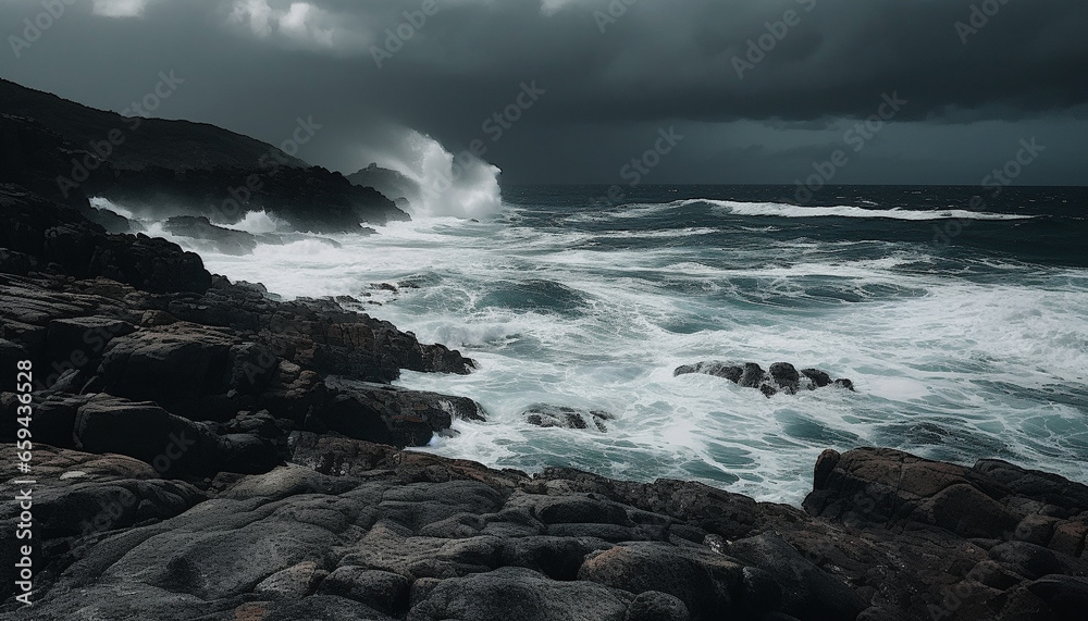 Rough stone cliff meets crashing waves under dramatic sky generated by AI