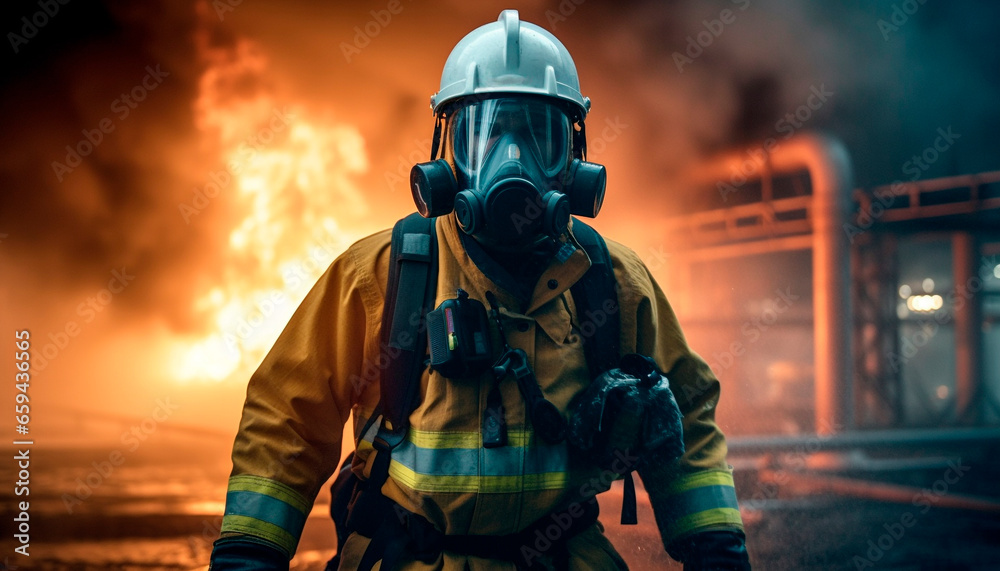 Firefighter in protective workwear battles dangerous flames outdoors at night generated by AI