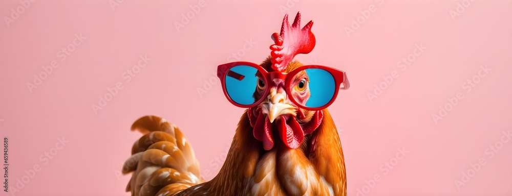 Chicken hen in sunglass shade on a solid uniform background, editorial advertisement, commercial. Creative animal concept. With copy space for your advertisement