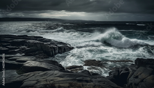 Rough seas crash against dramatic coastline, beauty in nature motion generated by AI