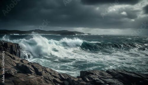 Rough seas break against dramatic cliff, dark storm clouds gather generated by AI