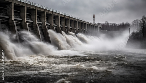 Hydroelectric power station generates electricity from flowing water and nature generated by AI
