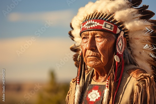 A sunlit portrait of a Native American elder, adorned in traditional tribal attire, gazing into the distance with vast plains as the backdrop