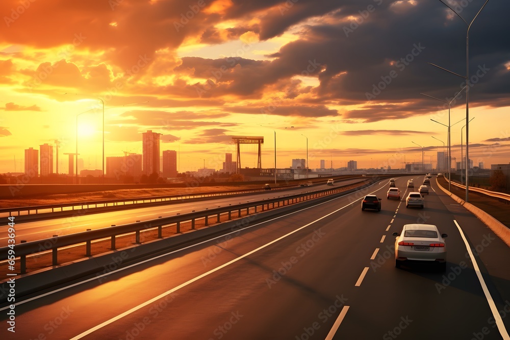 Fototapeta premium Highway traffic in sunset. 