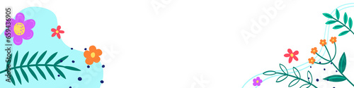 Spring decoration. Transparent floral background with colourful blooming flower and leaves. Banner. Vector illustration