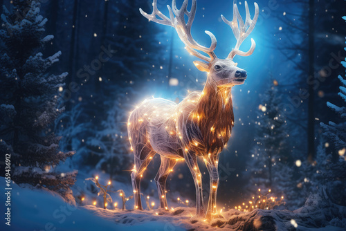 A magic reindeer in glowing lights in a winter scene