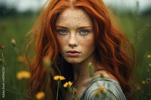 Close-up of a freckled red-haired individual with vibrant green eyes, standing amidst a field of wildflowers, showcasing the unique beauty and diversity of nature and human