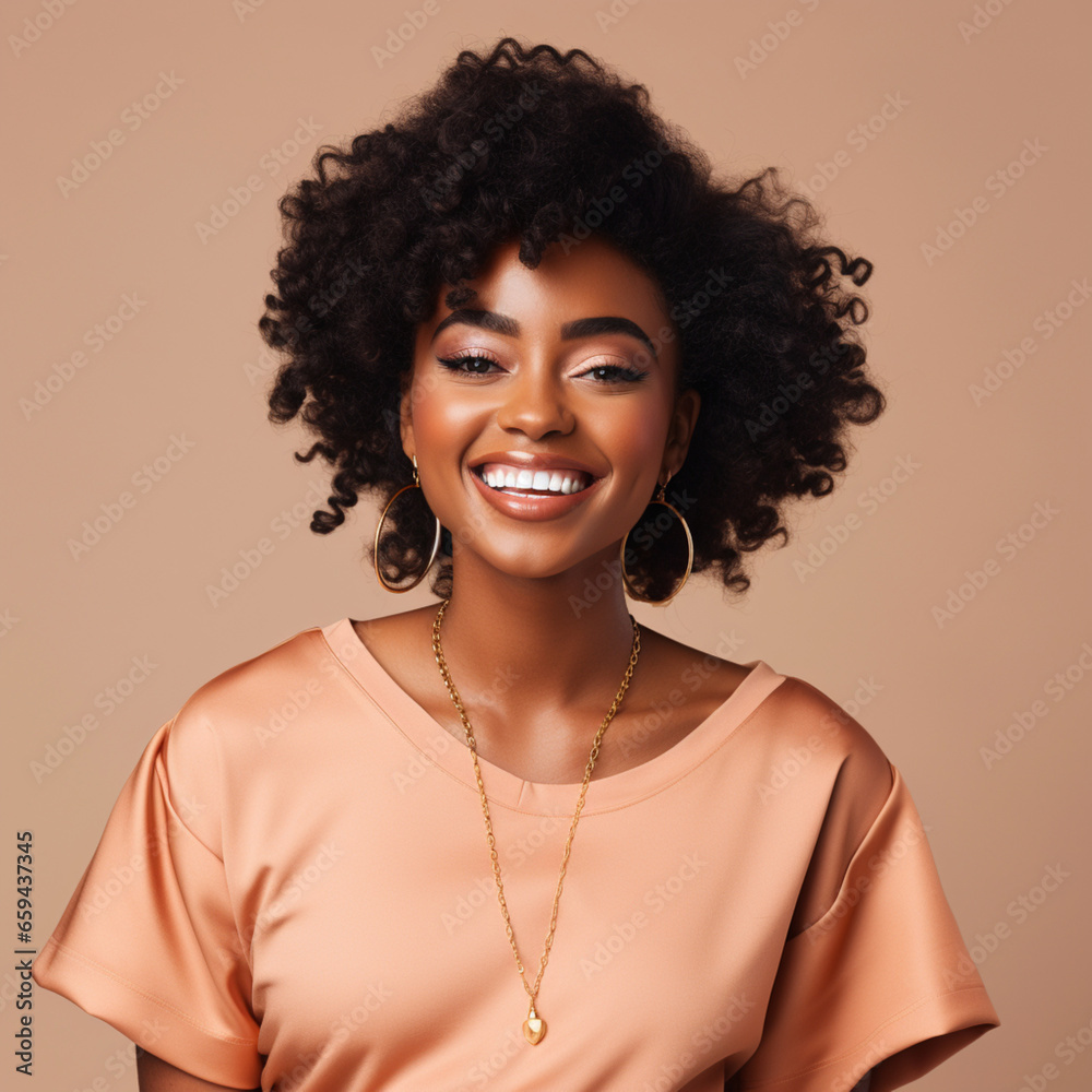 An African-American woman posing for the camera in a peach shirt and gold jewelery An African-American woman posing for the camera in a peach shirt and gold jewelery