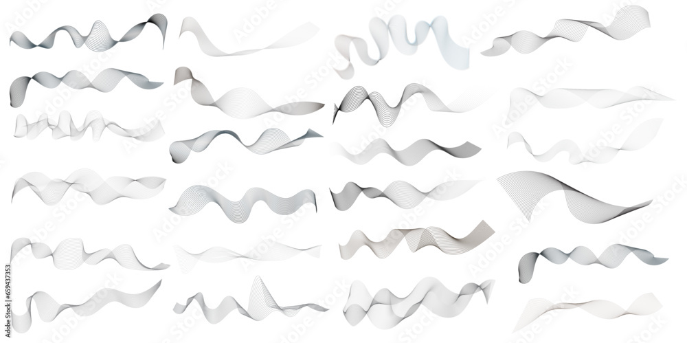 Set of 24 wavy technology curve lines background. Set of Grey wave swirl, twisted curve lines with blend effect. Frequency sound wave lines. Abstract business wave lines. vector illustration - obrazy, fototapety, plakaty 