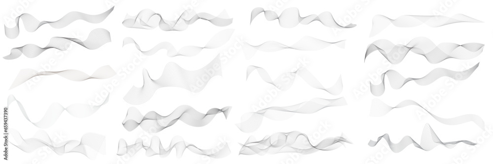 Set of 20 wavy technology curve lines background. Set of Grey wave swirl, twisted curve lines with blend effect. Frequency sound wave lines. Abstract business wave lines. vector illustration Set of 20 wavy technology curve lines background. Set of Grey wave swirl, twisted curve lines with blend effect. Frequency sound wave lines. Abstract business wave lines. vector illustration