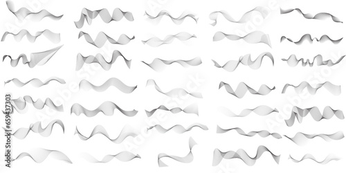 Set of 35 wavy technology curve lines background. Set of Grey wave swirl, twisted curve lines with blend effect. Frequency sound wave lines. Abstract business wave lines. vector illustration