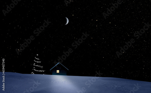 Sternenhimmel über einer beleuchteten Hütte mit Weihnachtsbaum im Winter