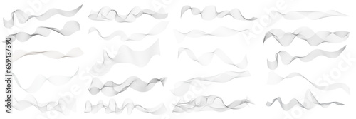 Set of 20 wavy technology curve lines background. Set of Grey wave swirl, twisted curve lines with blend effect. Frequency sound wave lines. Abstract business wave lines. vector illustration